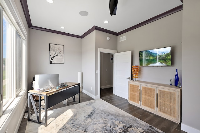 office area featuring dark hardwood / wood-style flooring and ornamental molding