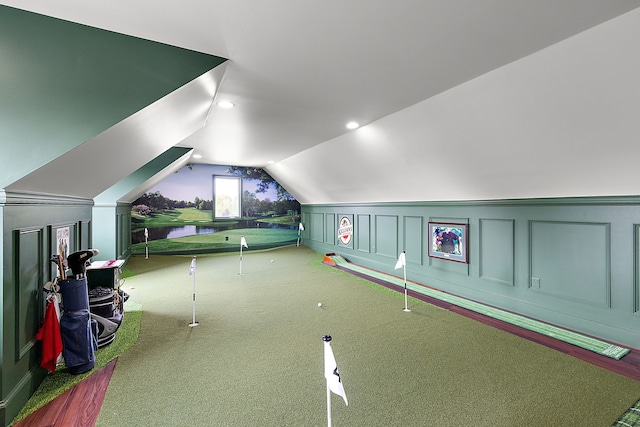 interior space with carpet floors and lofted ceiling