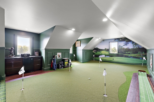 game room with carpet flooring and lofted ceiling