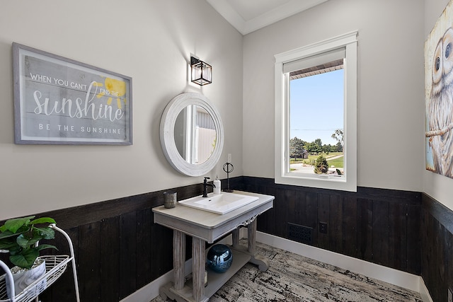 bathroom with crown molding, sink, and wooden walls