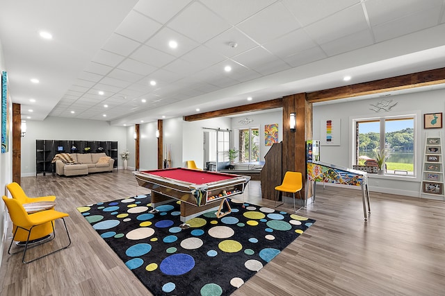 game room featuring hardwood / wood-style floors, a drop ceiling, and billiards