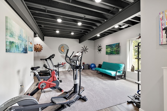 exercise room with hardwood / wood-style flooring