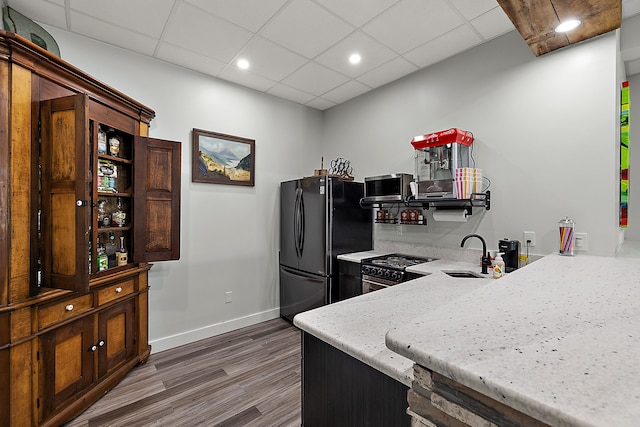 kitchen with a paneled ceiling, light stone counters, stainless steel appliances, sink, and dark hardwood / wood-style floors