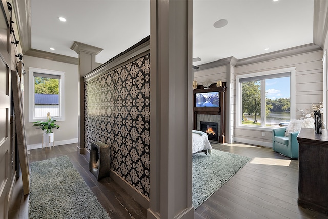 interior space with dark hardwood / wood-style flooring, plenty of natural light, and ornamental molding