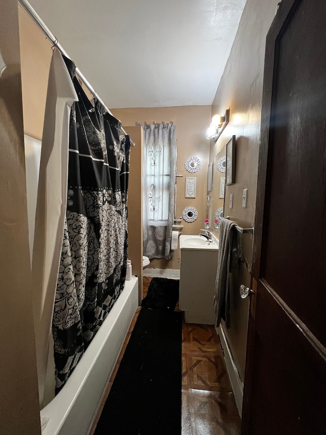 full bathroom with shower / bathtub combination with curtain, vanity, toilet, and parquet floors