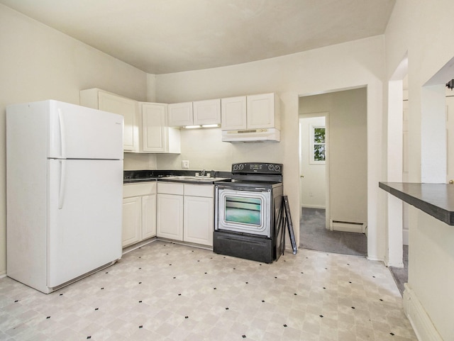 kitchen with white cabinetry, sink, a baseboard radiator, black range with electric cooktop, and white refrigerator