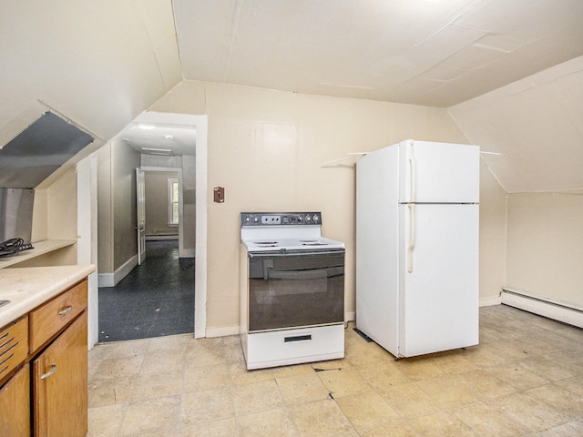 kitchen featuring a baseboard heating unit, white appliances, and vaulted ceiling