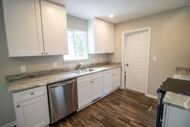 kitchen featuring stainless steel dishwasher, white cabinetry, sink, and dark wood-type flooring