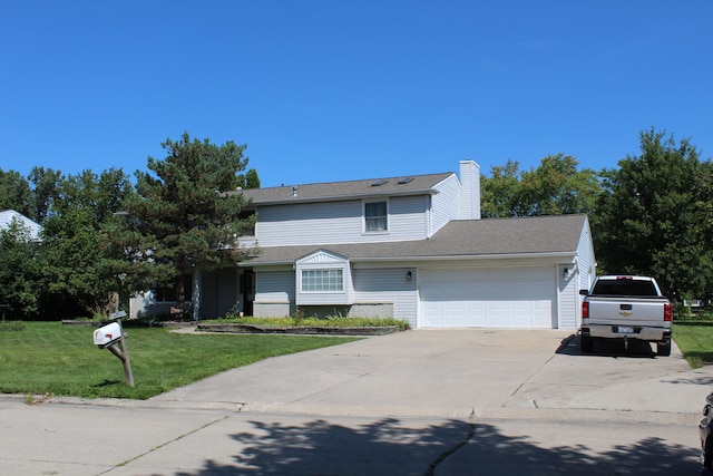 29352 Medburn Ct, Farmington Hills, MI 48336 - traditional-style home with driveway, an attached garage, a shingled roof, a chimney, and a front lawn