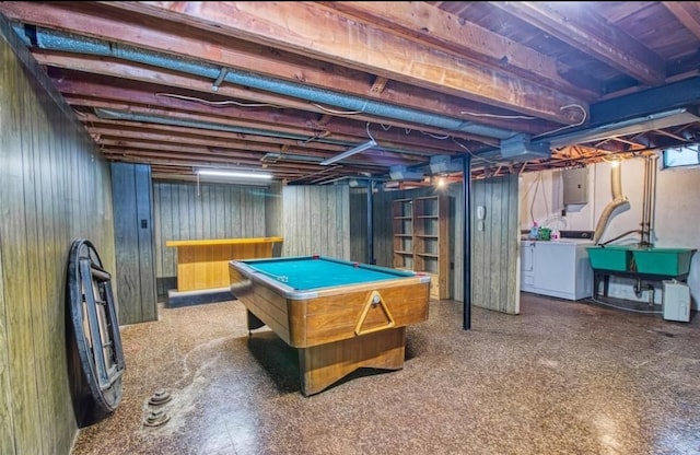 rec room with sink, electric panel, pool table, and washing machine and clothes dryer