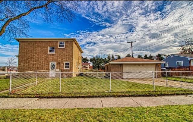 view of home's exterior with an outbuilding, a yard, and a garage