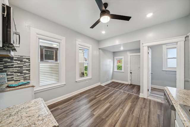 kitchen featuring decorative backsplash, stainless steel appliances, plenty of natural light, and dark wood-type flooring