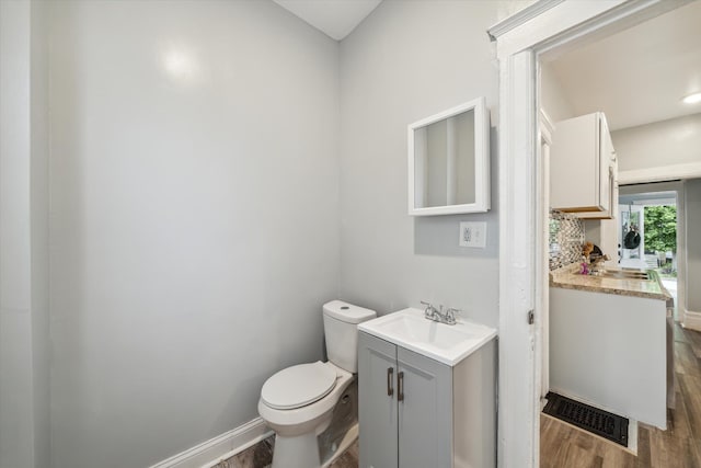 bathroom with vanity, wood-type flooring, and toilet