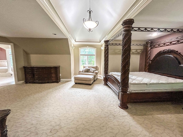 carpeted bedroom featuring ensuite bathroom and ornamental molding