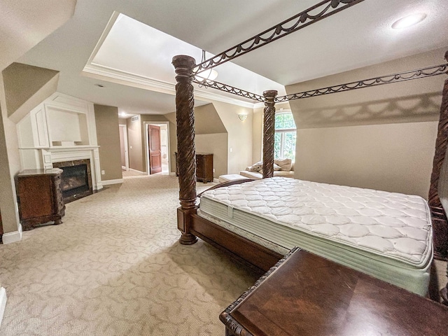 bedroom with carpet flooring and ornamental molding