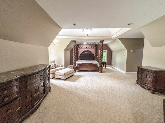 carpeted bedroom featuring vaulted ceiling and crown molding