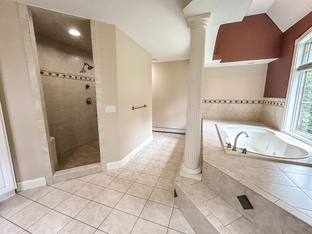 bathroom with tile patterned floors, shower with separate bathtub, vaulted ceiling, and a baseboard heating unit