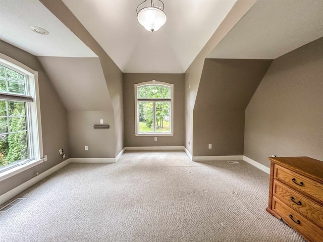 additional living space with light colored carpet and lofted ceiling