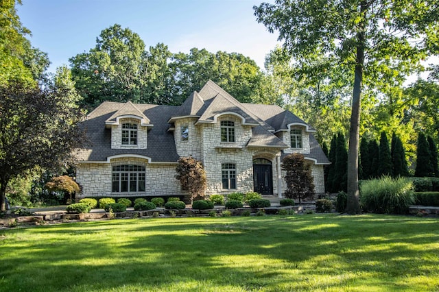 french country inspired facade with a front yard