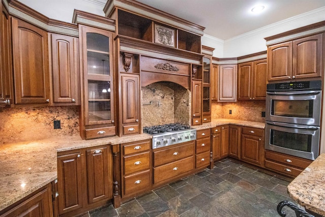 kitchen featuring decorative backsplash, light stone counters, ornamental molding, and stainless steel appliances