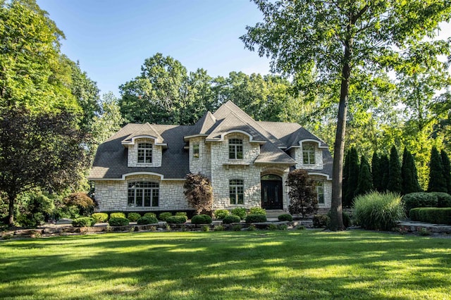 french provincial home with a front lawn