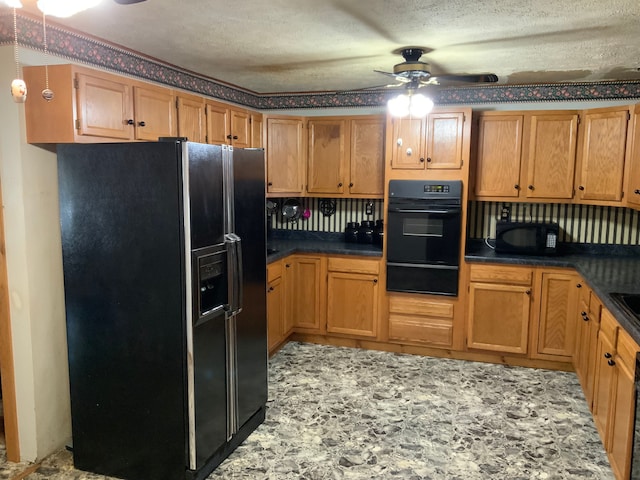 kitchen featuring black appliances, ceiling fan, and a textured ceiling