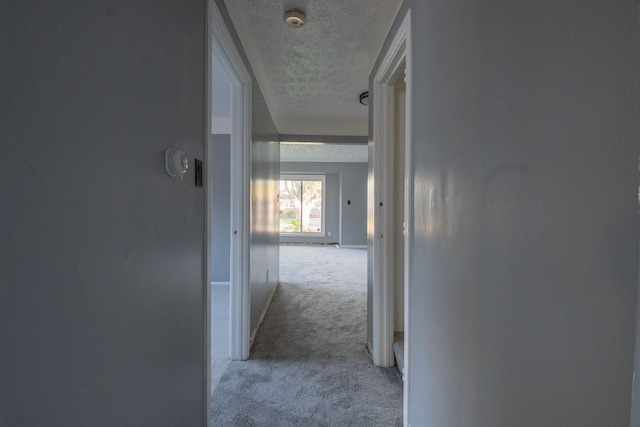 hallway with a textured ceiling and light colored carpet