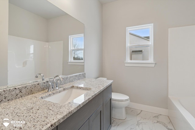 full bathroom with marble finish floor, toilet, vanity, baseboards, and walk in shower