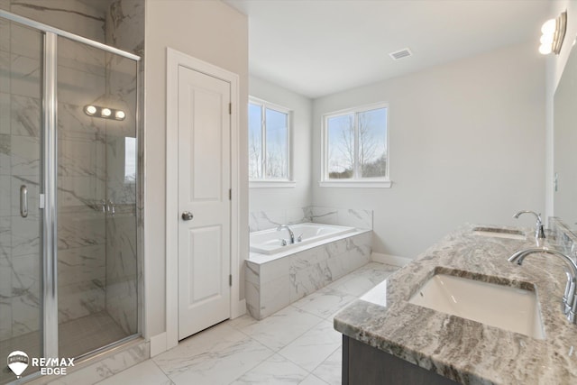 bathroom featuring a sink, visible vents, marble finish floor, a marble finish shower, and a bath