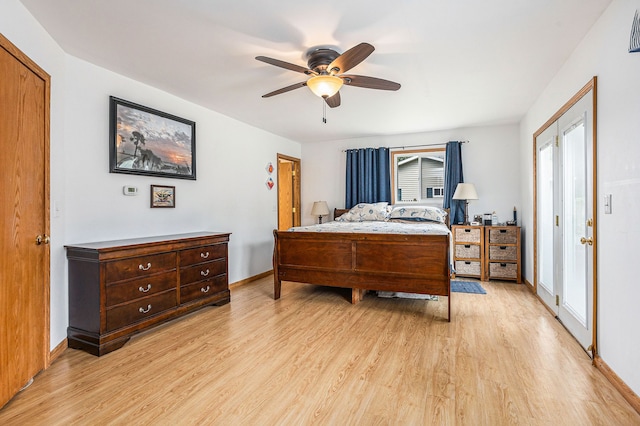 bedroom featuring light wood-type flooring and ceiling fan