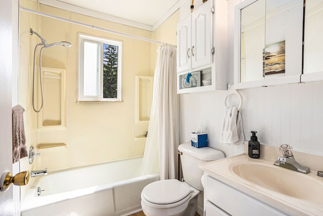 full bathroom featuring vanity, toilet, shower / bathtub combination with curtain, and crown molding