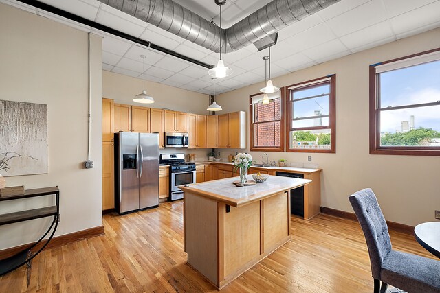 1395 Antietam Ave Unit 51, Detroit, MI 48207 - kitchen with stainless steel appliances, light brown cabinetry, a sink, baseboards, and light wood-style floors