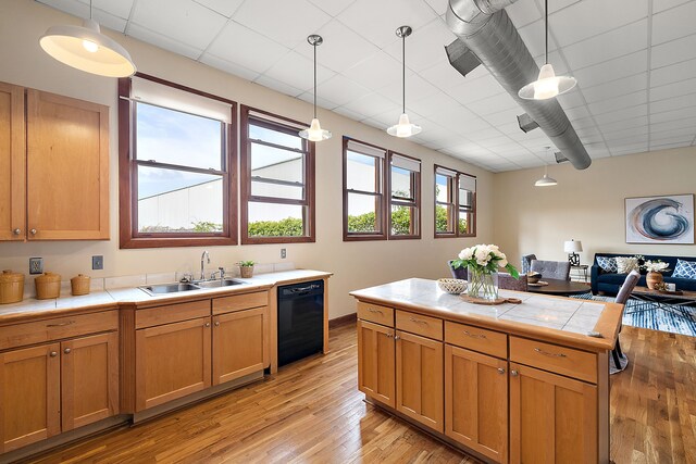 1395 Antietam Ave Unit 51, Detroit, MI 48207 - kitchen with black dishwasher, a sink, tile countertops, light wood-style floors, and decorative light fixtures