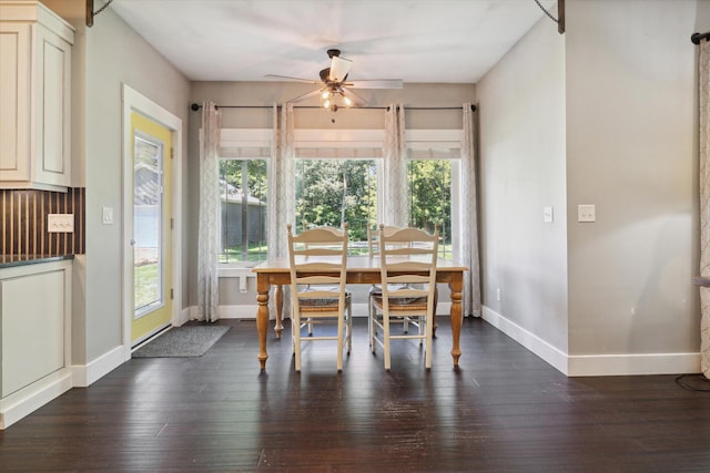 dining room featuring ceiling fan and dark wood-type flooring