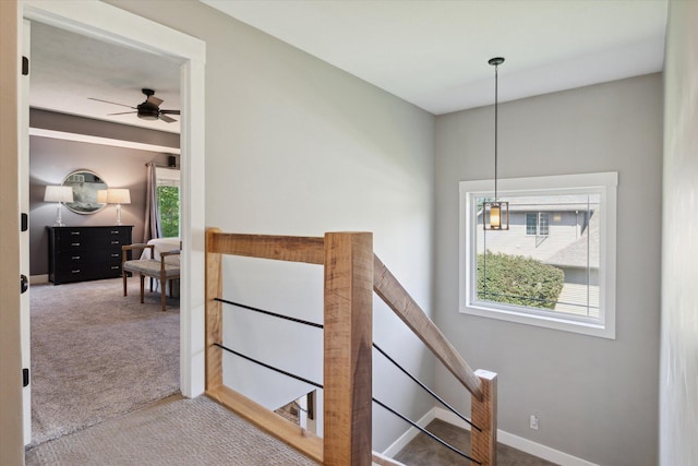 stairs with carpet flooring and ceiling fan