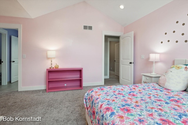 bedroom with light colored carpet and vaulted ceiling