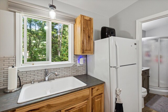 8529 N Blair Dr, Bitely, MI 49309 - kitchen featuring a sink, decorative backsplash, freestanding refrigerator, decorative light fixtures, and dark countertops