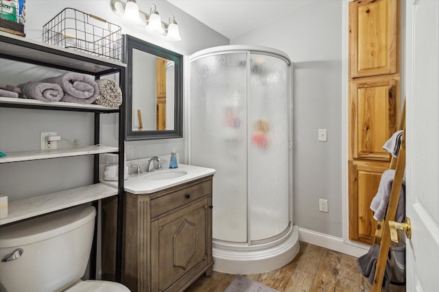 bathroom featuring vanity, wood-type flooring, a shower with shower door, and toilet