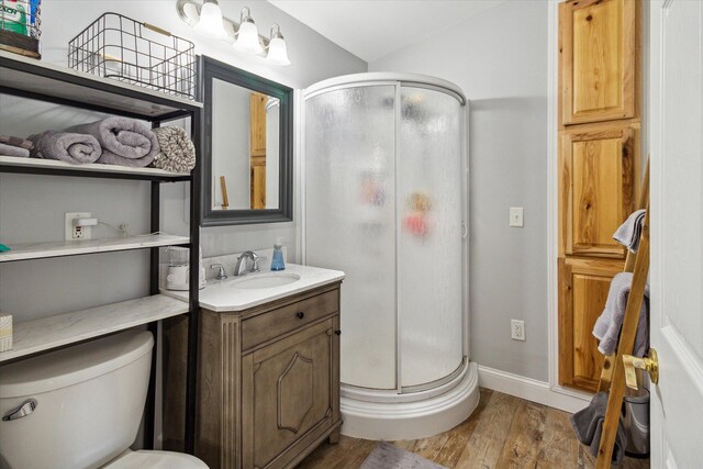 8529 N Blair Dr, Bitely, MI 49309 - bathroom featuring wood finished floors, a shower stall, vanity, toilet, and baseboards