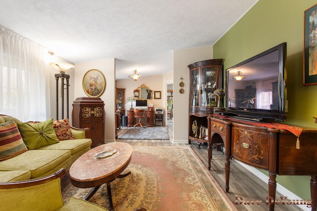 living room featuring a textured ceiling, hardwood / wood-style flooring, and vaulted ceiling