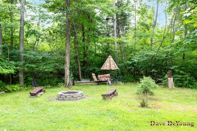 view of yard with a fire pit