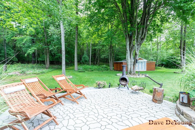 view of patio / terrace featuring a shed