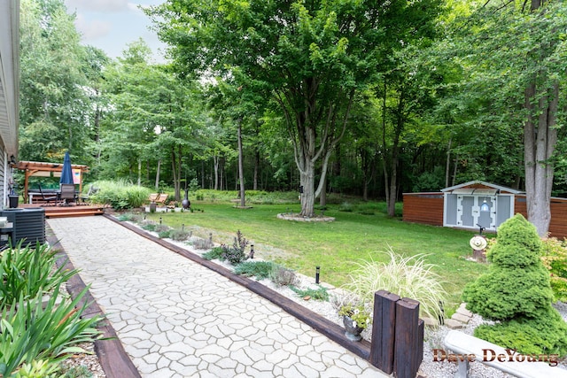 view of yard with a deck and a storage unit