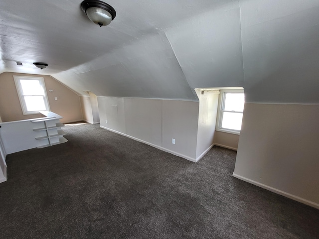 additional living space with a wealth of natural light, vaulted ceiling, and dark colored carpet