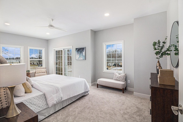 bedroom with ceiling fan and carpet flooring