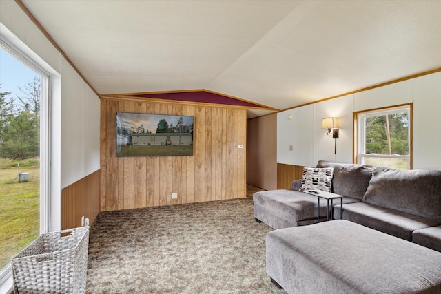 living room featuring carpet flooring, wooden walls, and vaulted ceiling