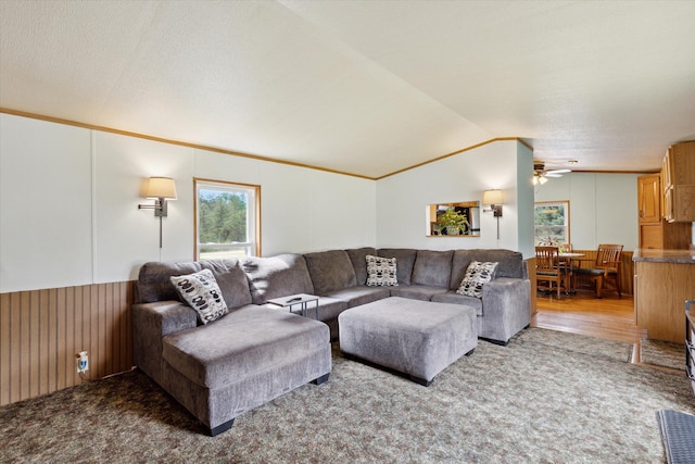 living room featuring ceiling fan, wood-type flooring, lofted ceiling, and a textured ceiling