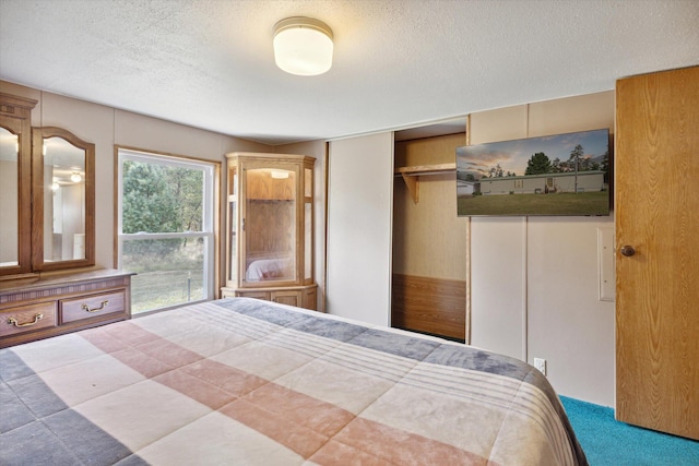 unfurnished bedroom with carpet flooring, a textured ceiling, and a closet