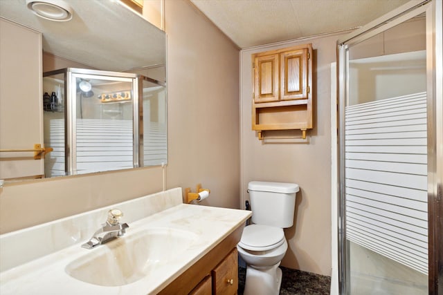 bathroom with vanity, toilet, a shower with shower door, and a textured ceiling