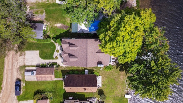 bird's eye view with a water view